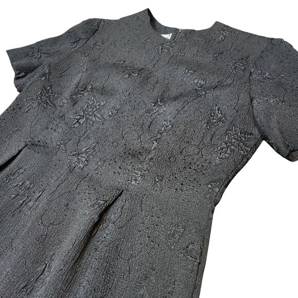 Vintage 70s Dress Black Embossed Floral‎ Short Sleeve Pencil Knee Length 10 M - Picture 5 of 13